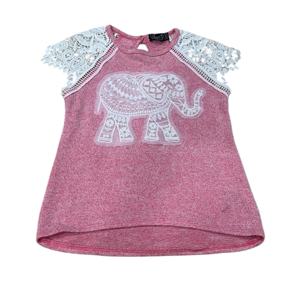 Third Wish Girls Pink and White Lace Sleeve Tee with Elephant Design, Size 5